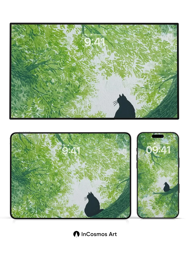 Whispering Canopy Wallpaper with Feline Silhouette