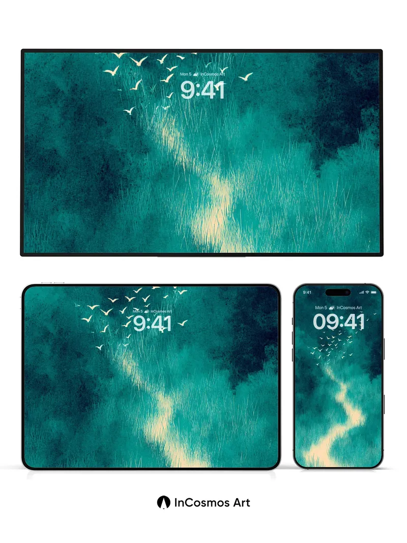 Serene Teal Pathway Background with Bird Flock