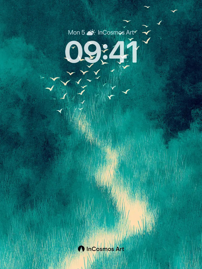 Serene Teal Pathway Background with Bird Flock wallpaper for iPhone, iPad & Mac