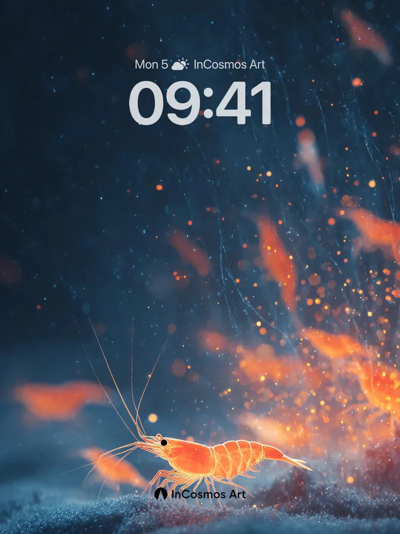Deep Sea Amber Shrimp Wallpaper with Bioluminescent Dust wallpaper for iPhone, iPad & Mac