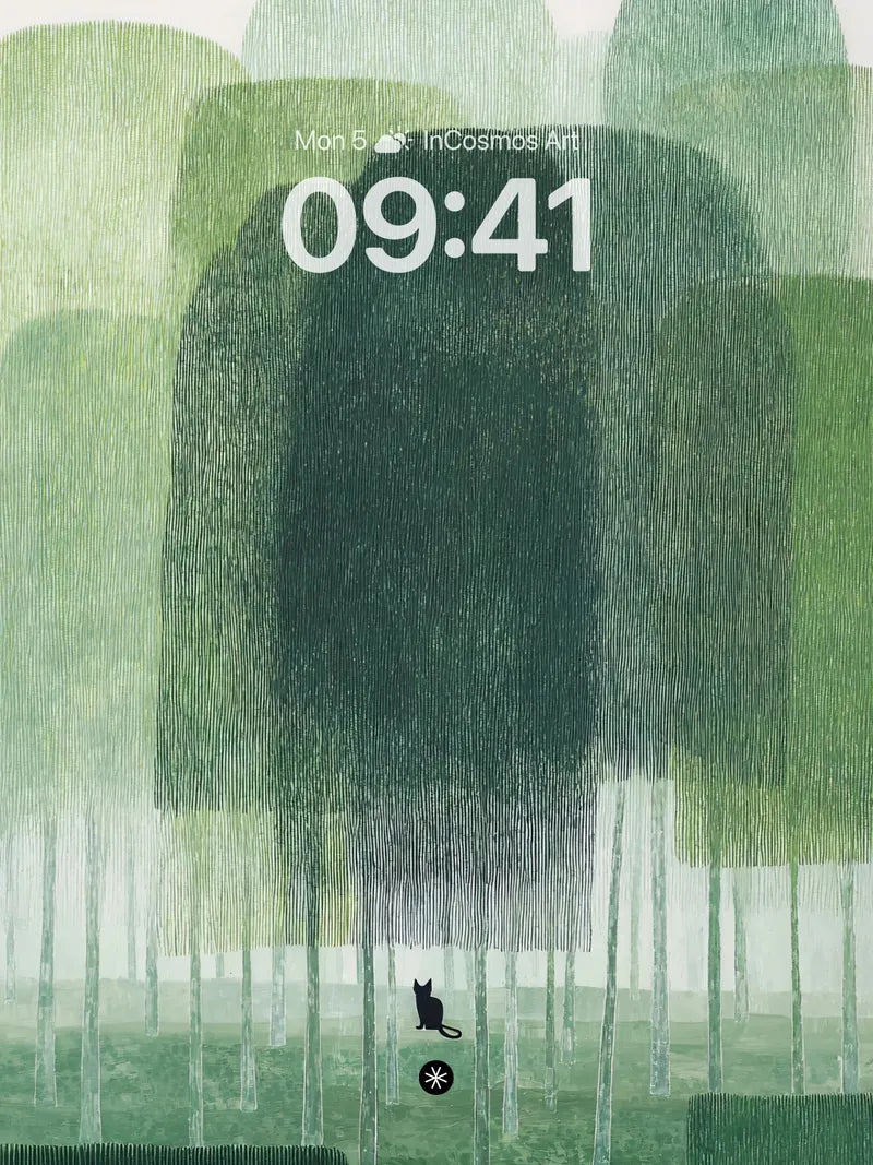 Quiet Mist Forest Wallpaper with Solitary Cat