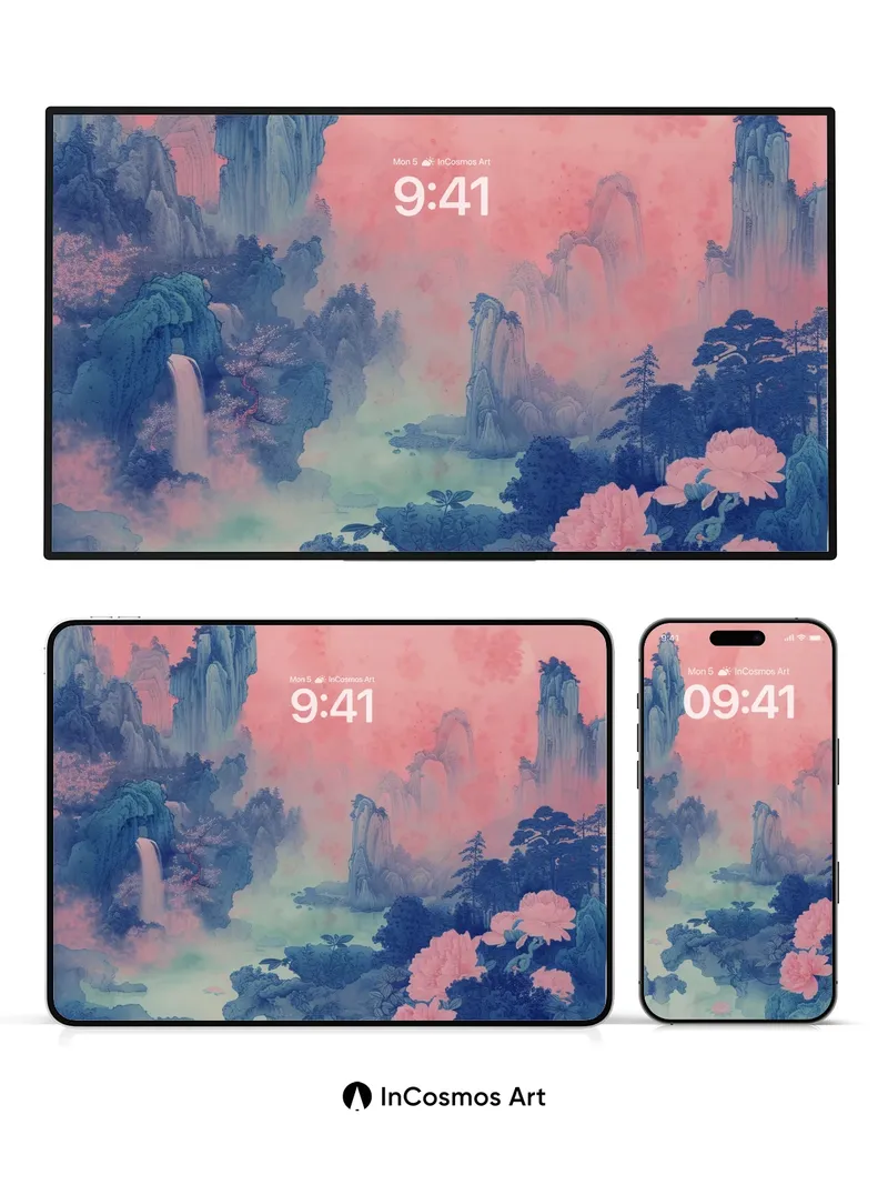 Serene Mountain Mirage Wallpaper with Floating Blossoms