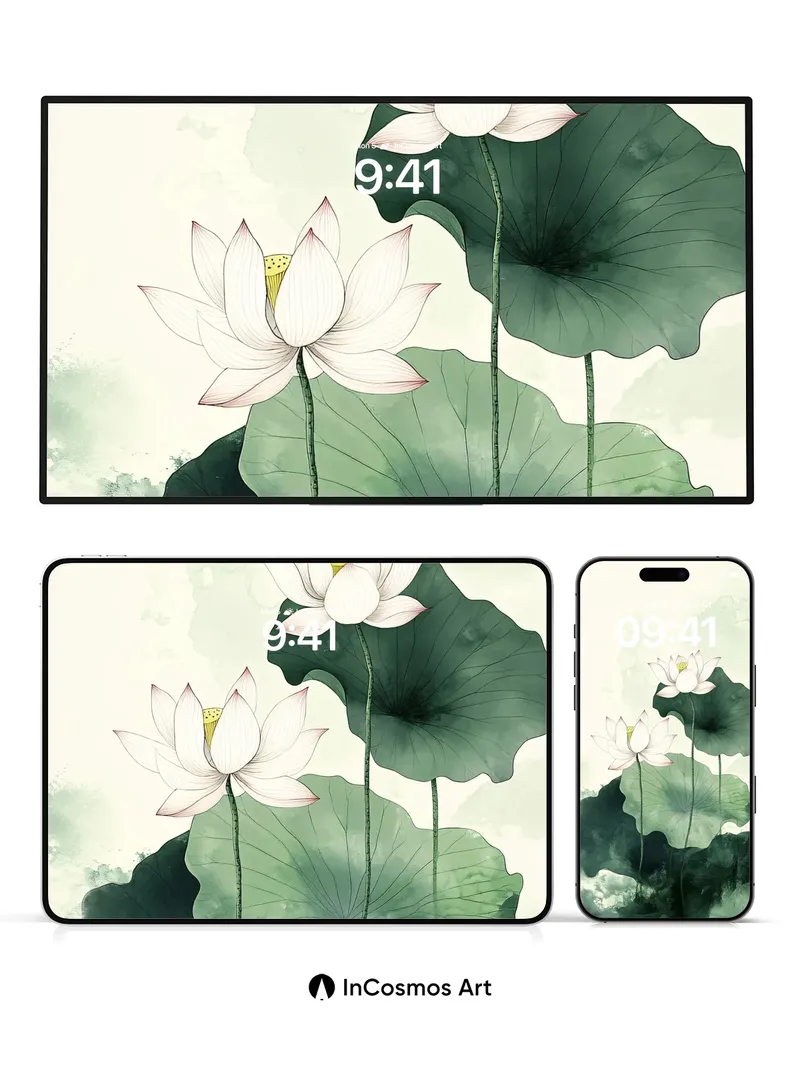 Serene Lotus Wallpaper with Ink-Wash Depth