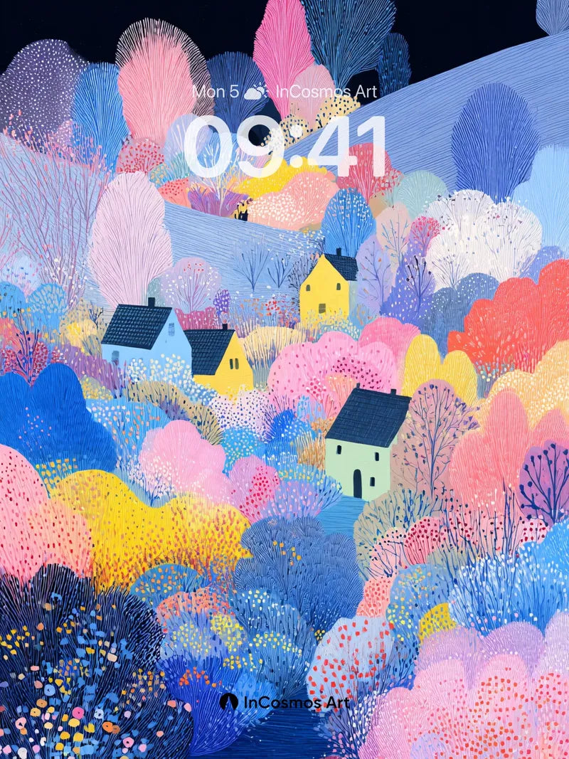 Pastel Village Wallpaper with Dreamy Trees wallpaper for iPhone, iPad & Mac