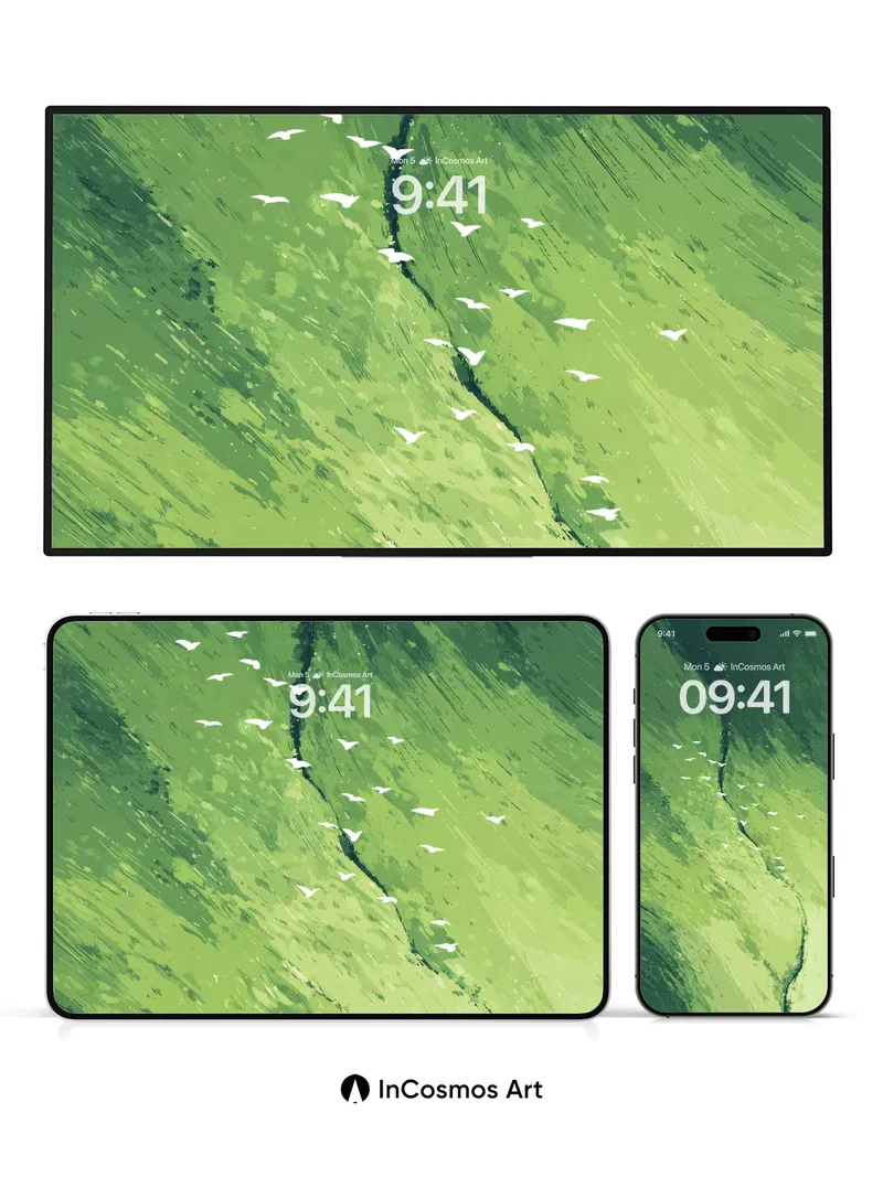 Serenity River Wallpaper with Fluttering Birds