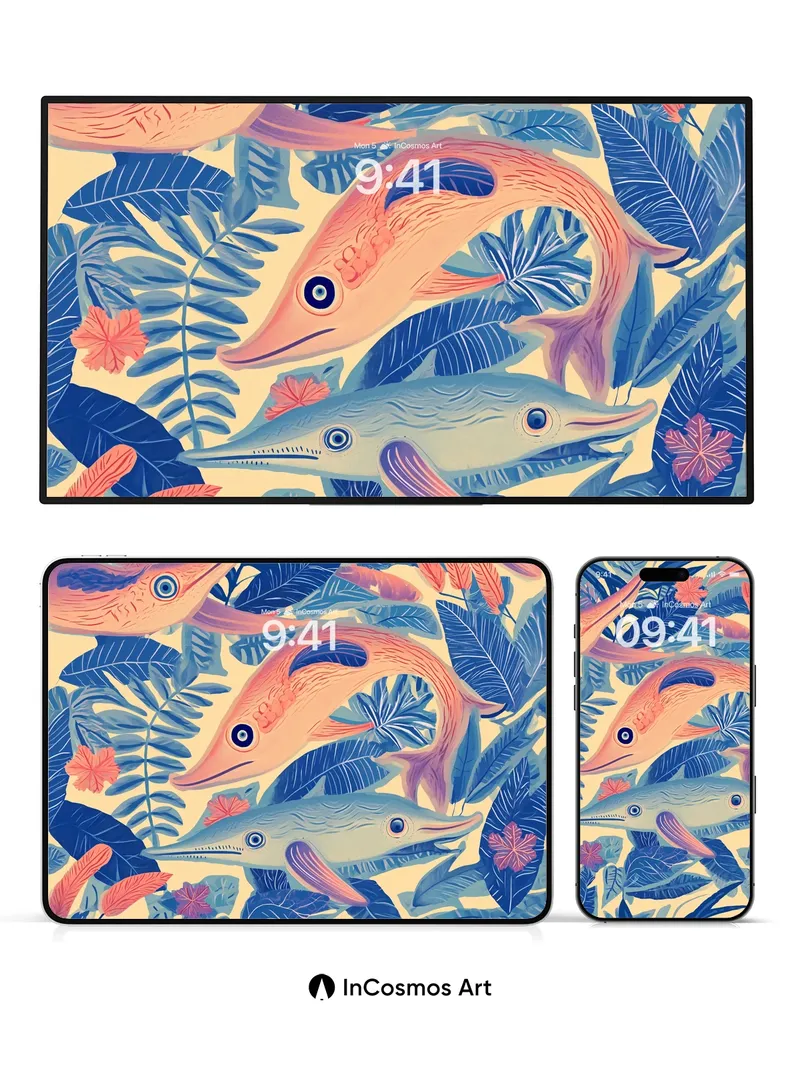 Tropical Mirage Wallpaper with Floating Fish