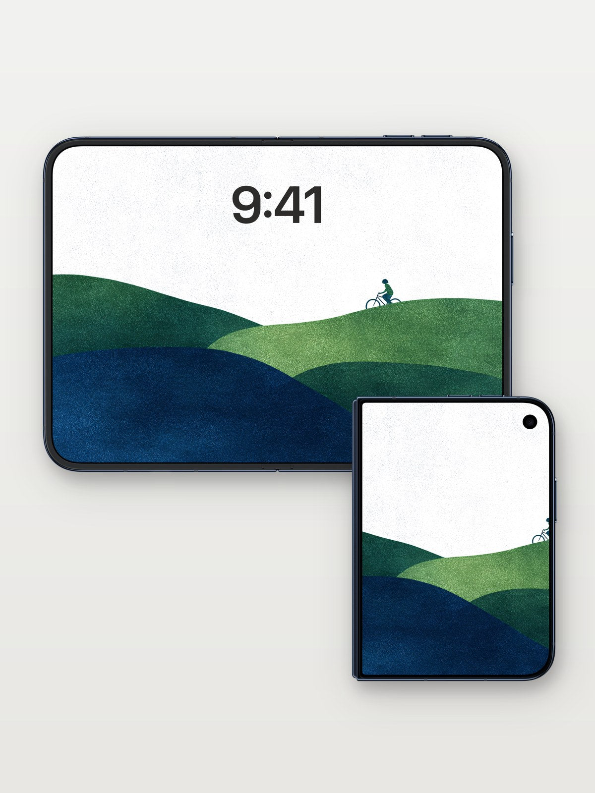 Serenity Ridge Wallpaper with Cyclist Silhouette on iPhone Duo, open and closed