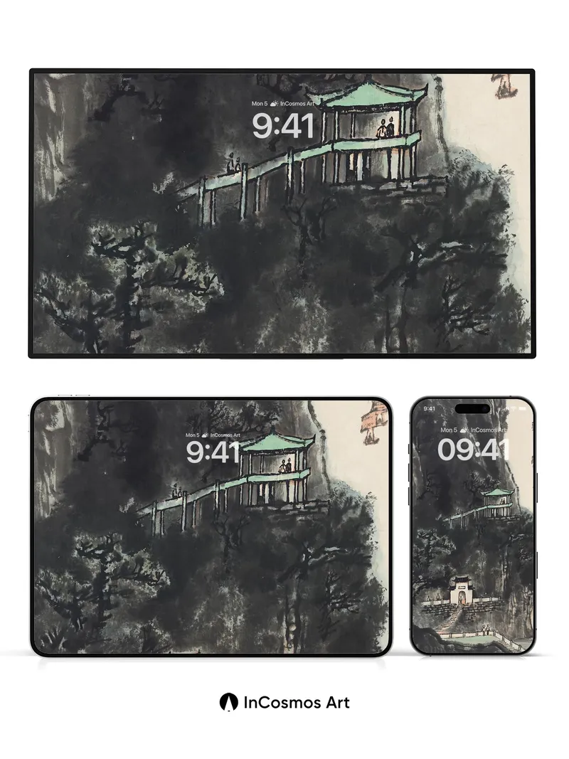 Serene Cliffside Pavilion Wallpaper with Inked Depths