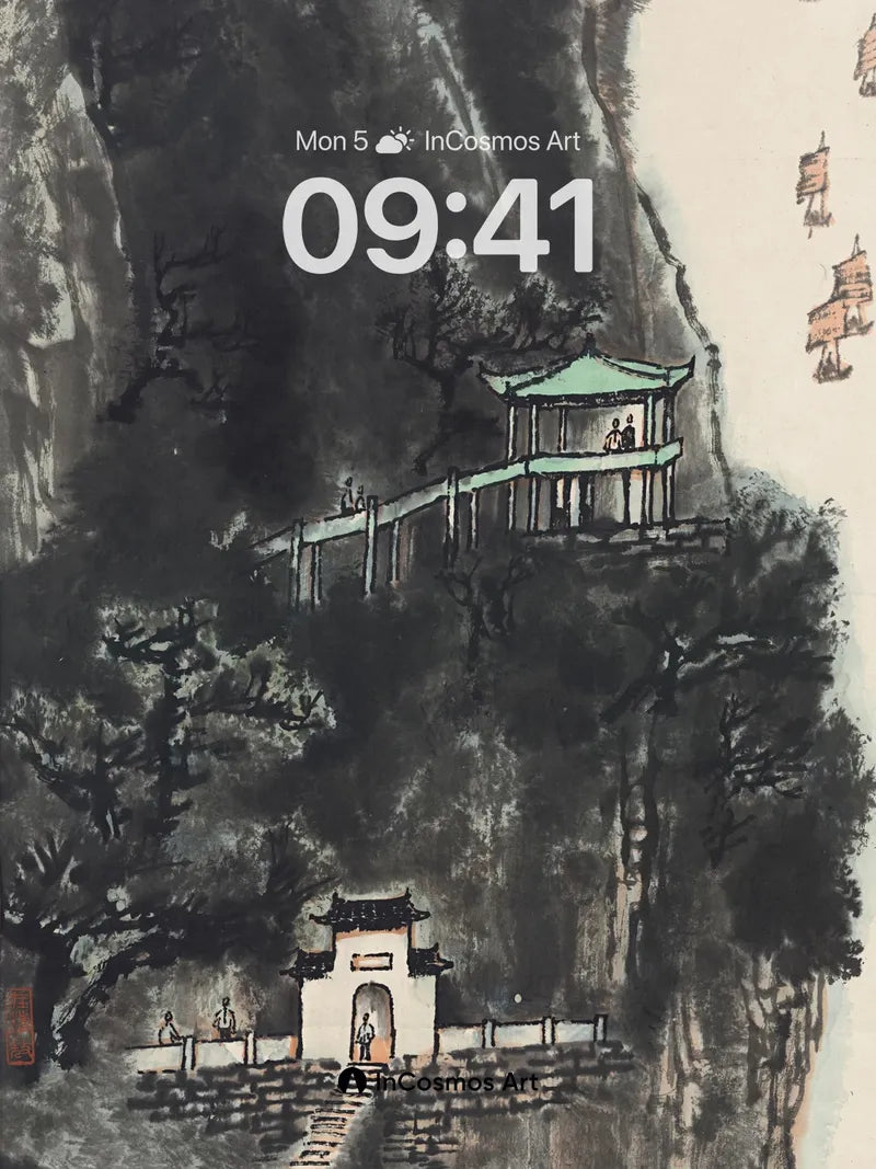 Serene Cliffside Pavilion Wallpaper with Inked Depths