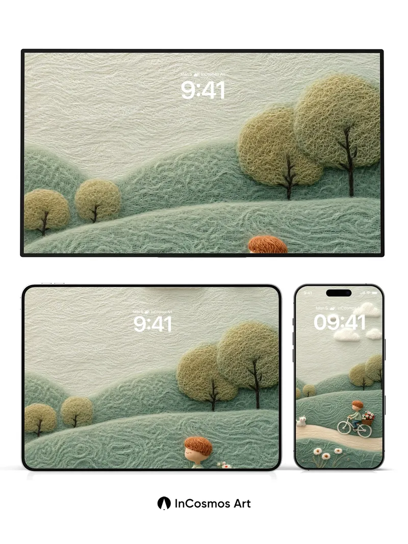 Whispering Wool Wallpaper with Bicycling Boy