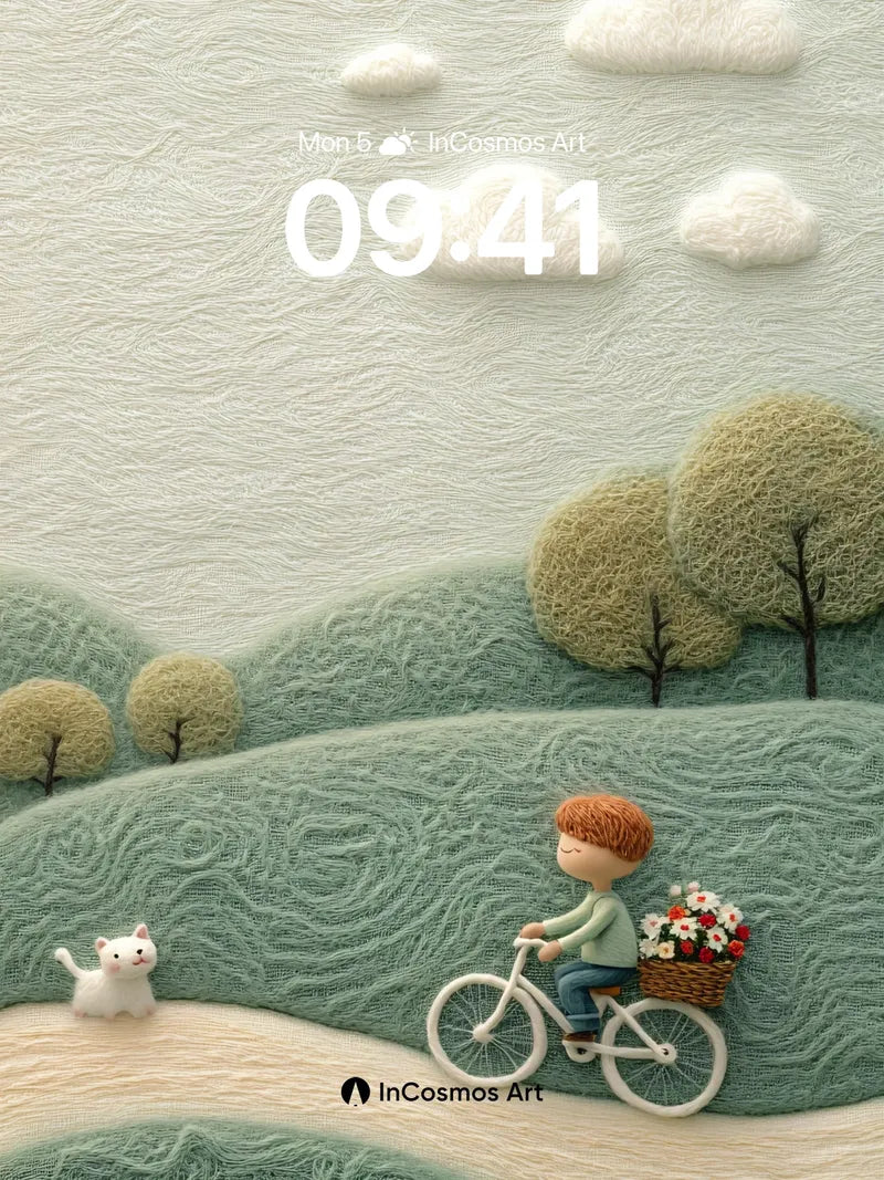 Whispering Wool Wallpaper with Bicycling Boy