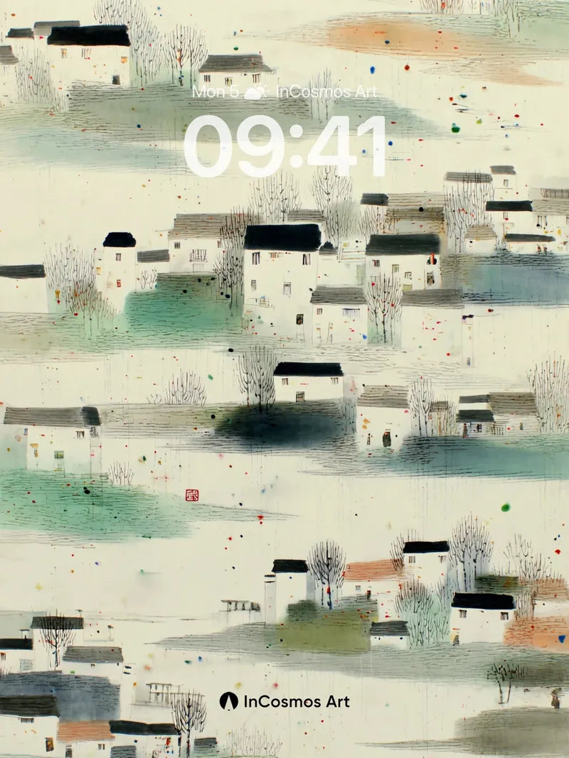 Serene Village Landscape Wallpaper with Soft Hues wallpaper for iPhone, iPad & Mac