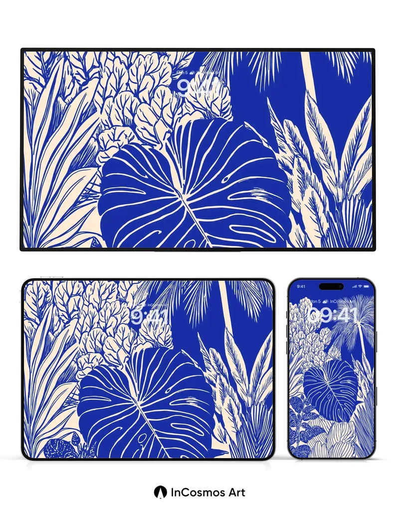 Indigo Jungle Wallpaper with Monstera Veins