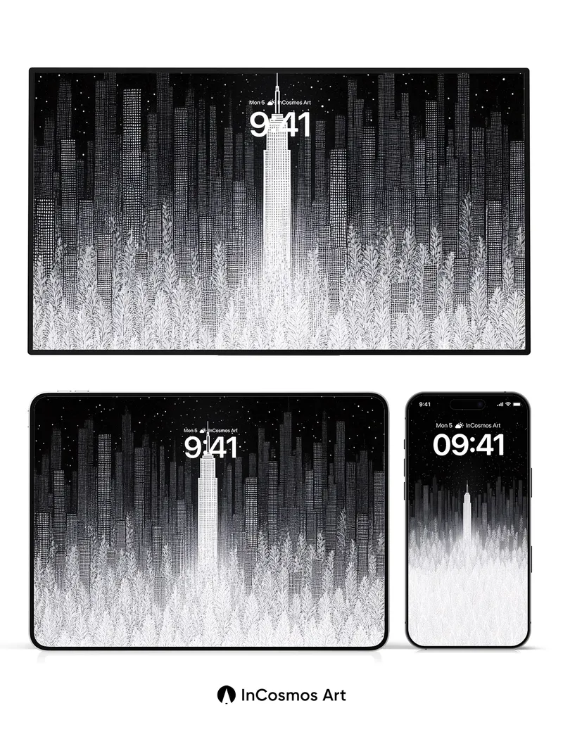 Stellar Forest Wallpaper with City Silhouette