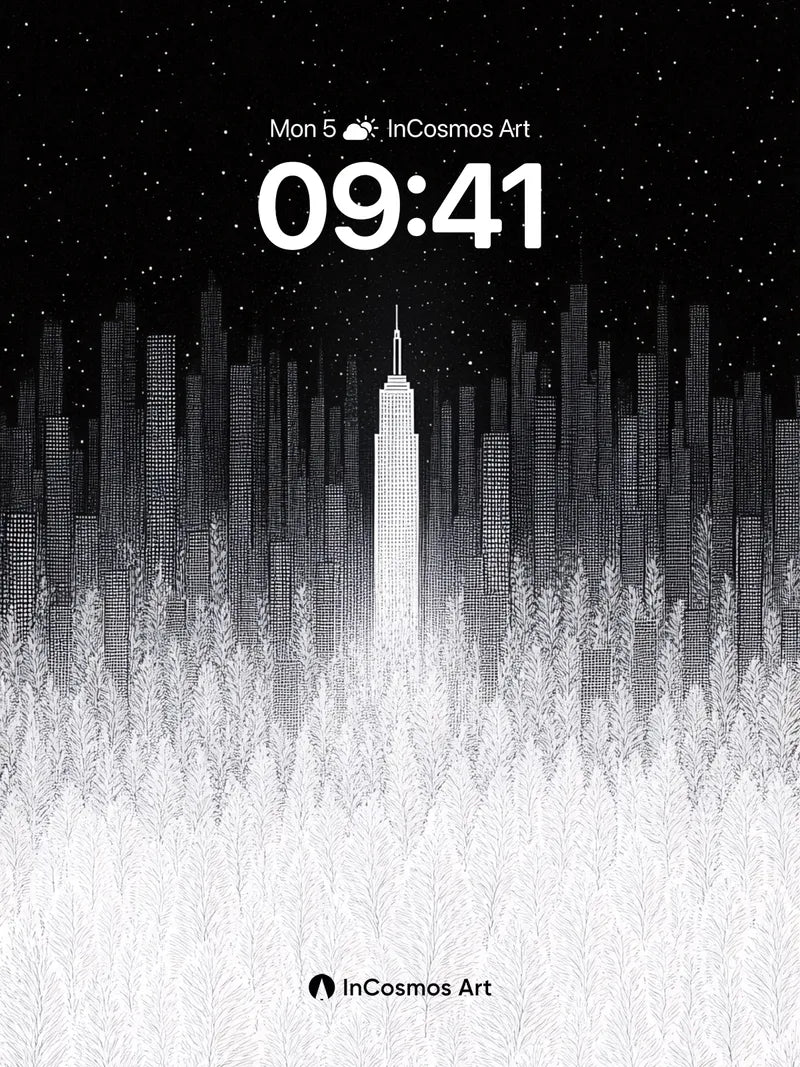Stellar Forest Wallpaper with City Silhouette