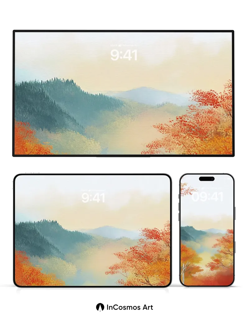 Autumn Hush Wallpaper with Mist-Drifted Peaks