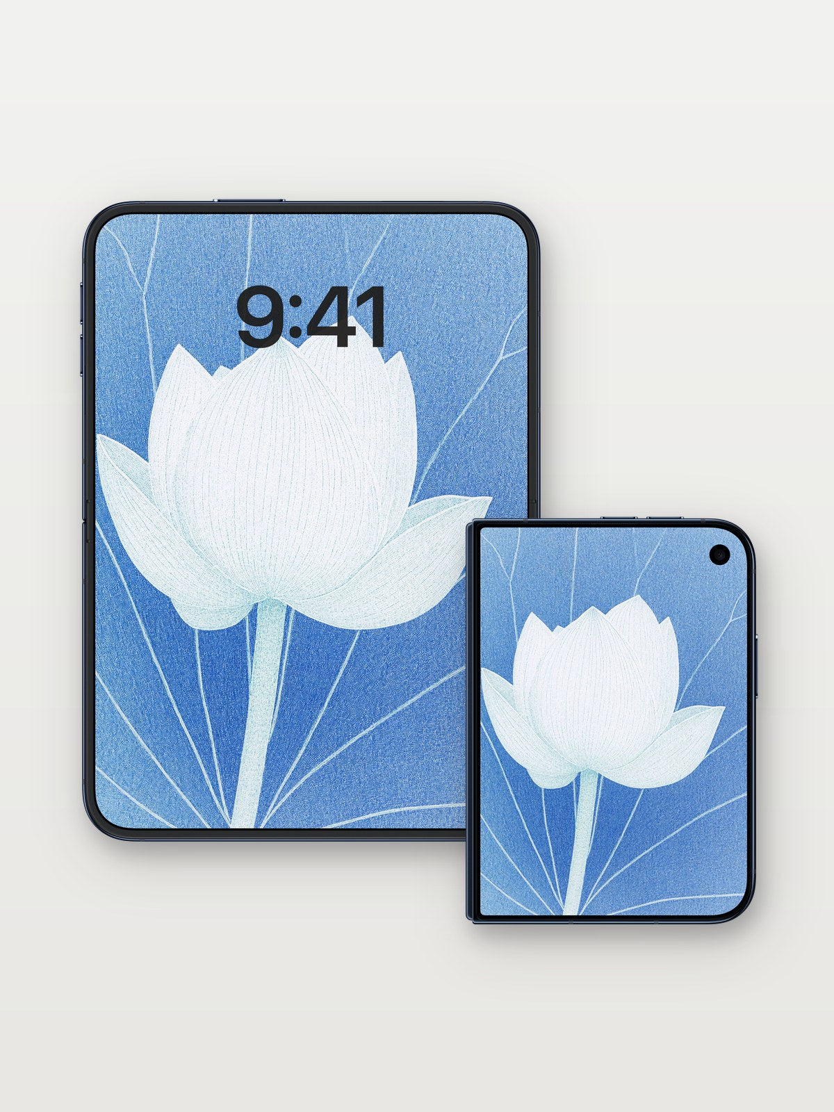 Calm Lotus Wallpaper with Ethereal Lines on iPhone Duo, open and closed