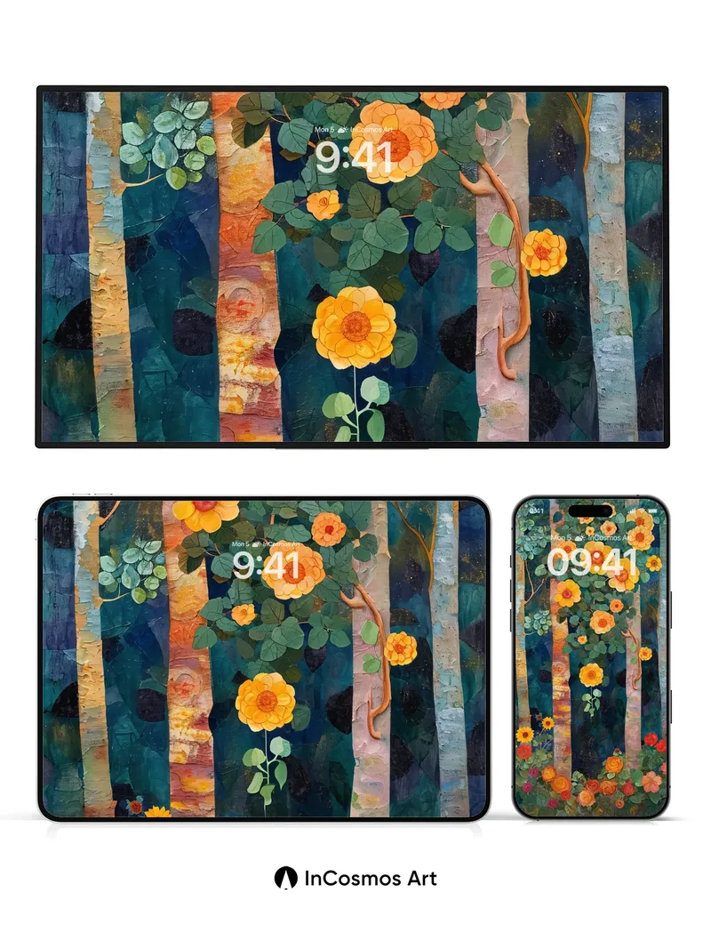 Luminous Forest Wallpaper with Golden Bloom Veil