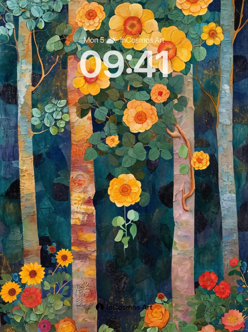 Luminous Forest Wallpaper with Golden Bloom Veil