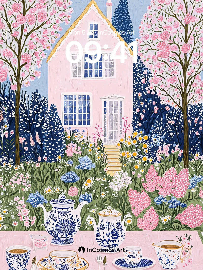Whimsical Garden Wallpaper with Teacup Tableau wallpaper for iPhone, iPad & Mac