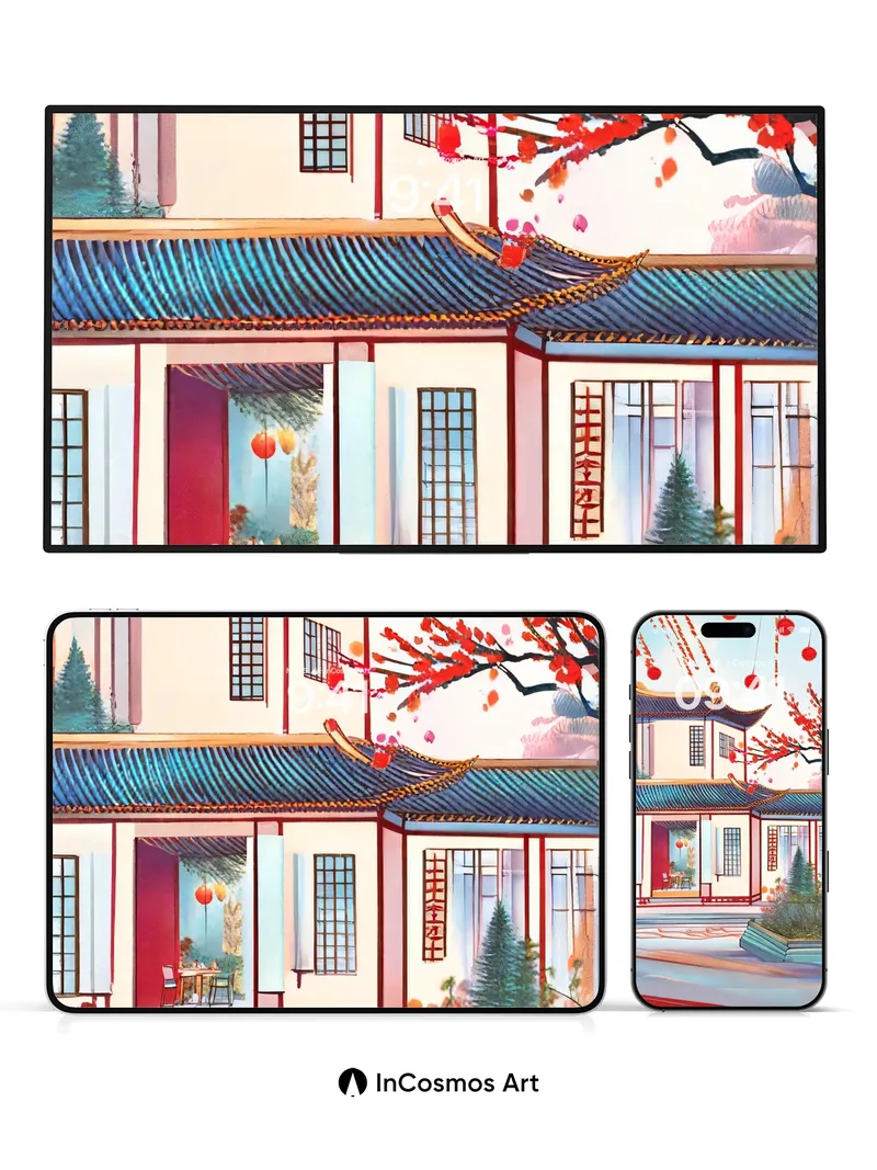 Serene Courtyard Wallpaper with Hanging Lanterns