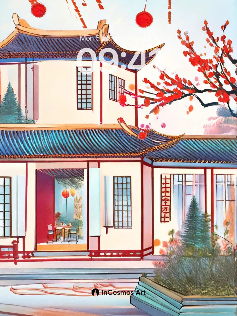 Serene Courtyard Wallpaper with Hanging Lanterns