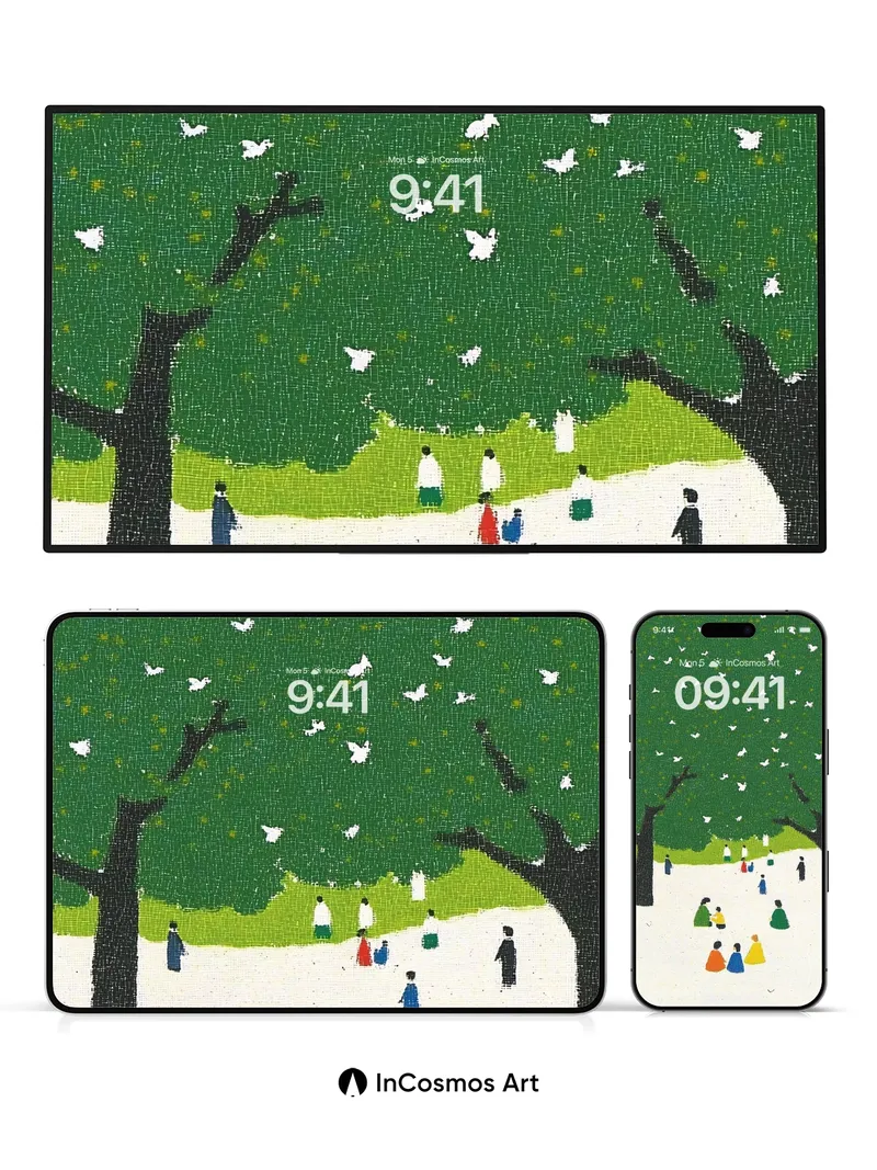 Serene Forest Whisper Wallpaper with Floating Birds