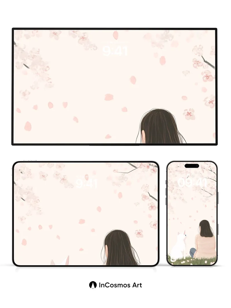 Serenity Cherry Bloom Wallpaper with White Cat Companion