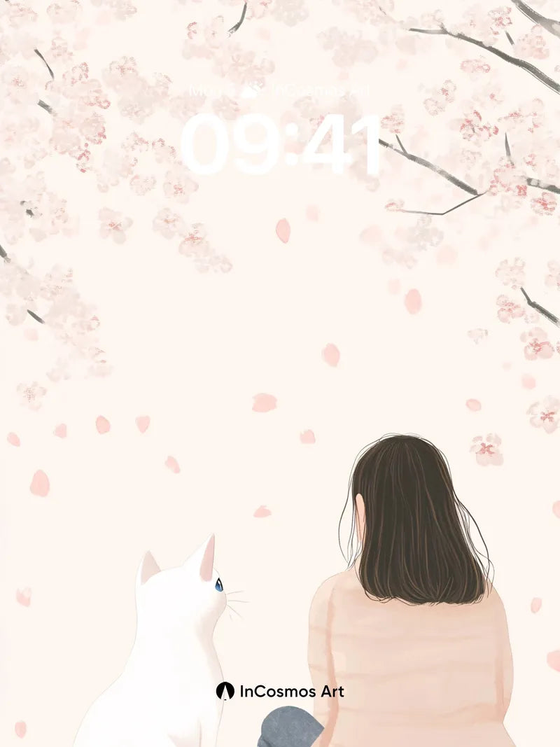 Serenity Cherry Bloom Wallpaper with White Cat Companion