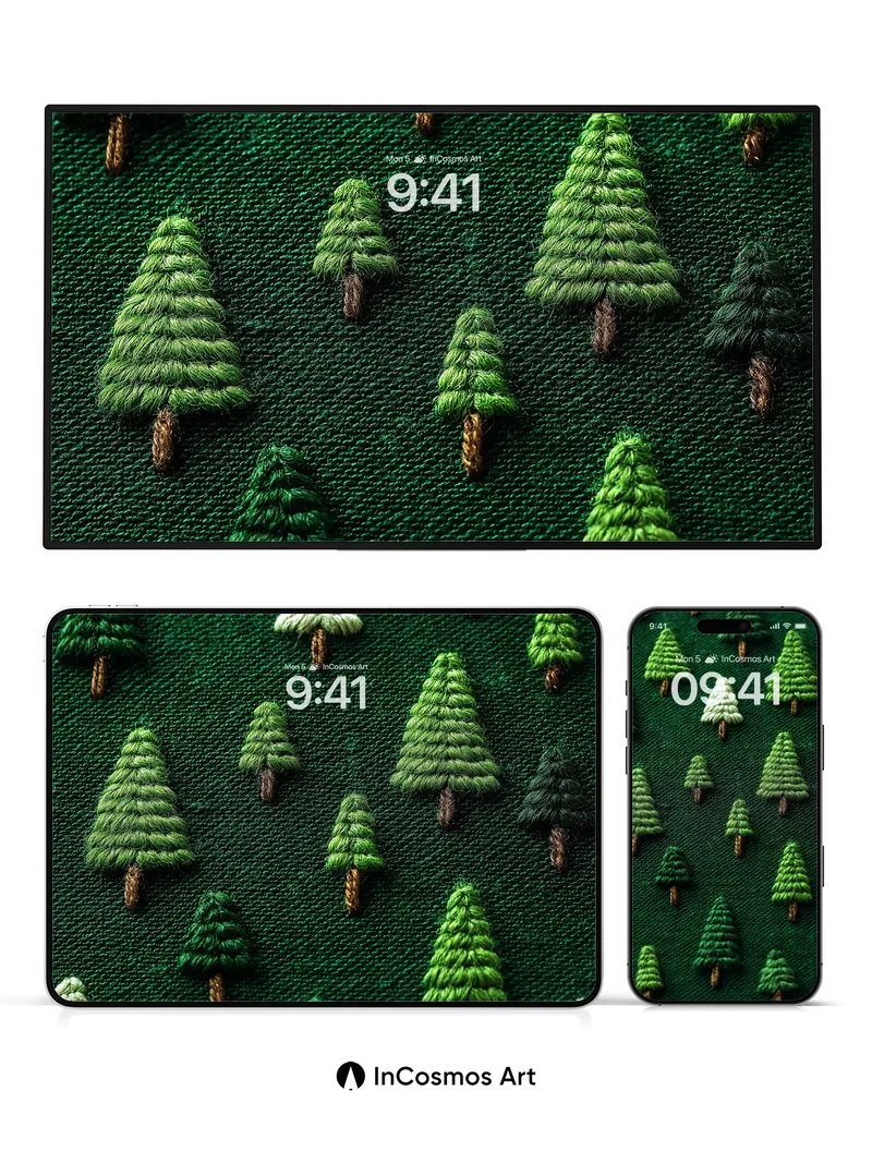 Whispering Forest Wallpaper with Embroidered Pines