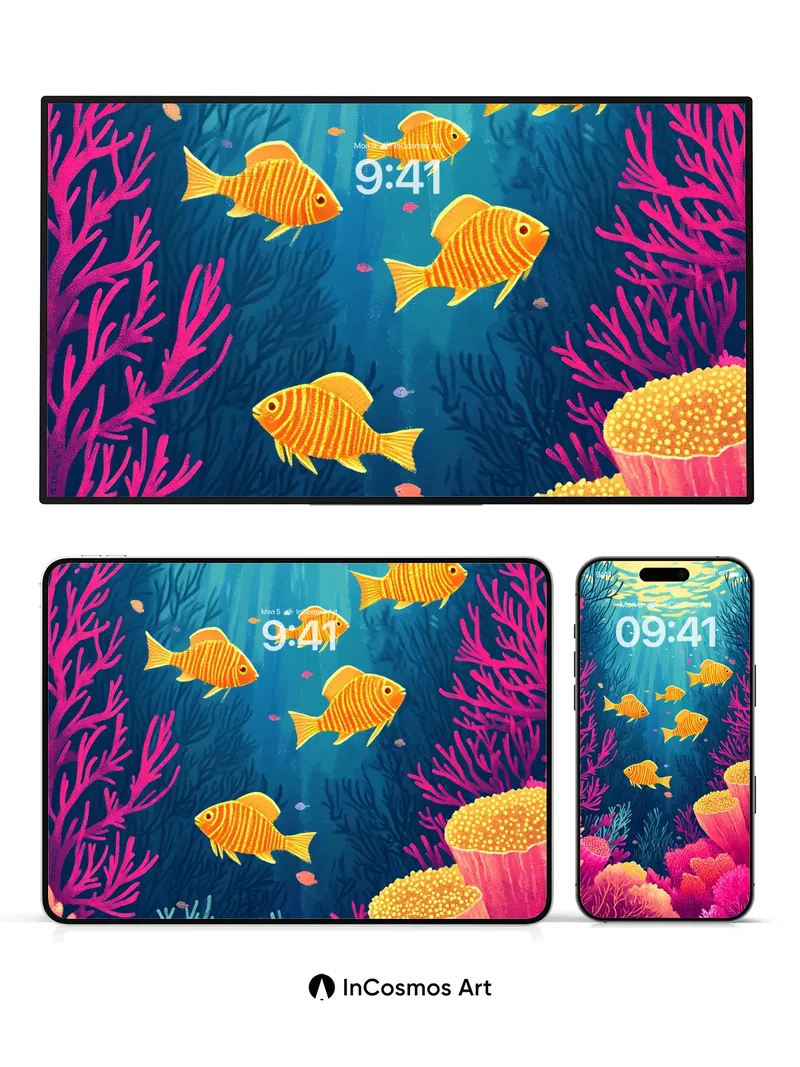Sunlit Coral Reefs Wallpaper with Golden Fish
