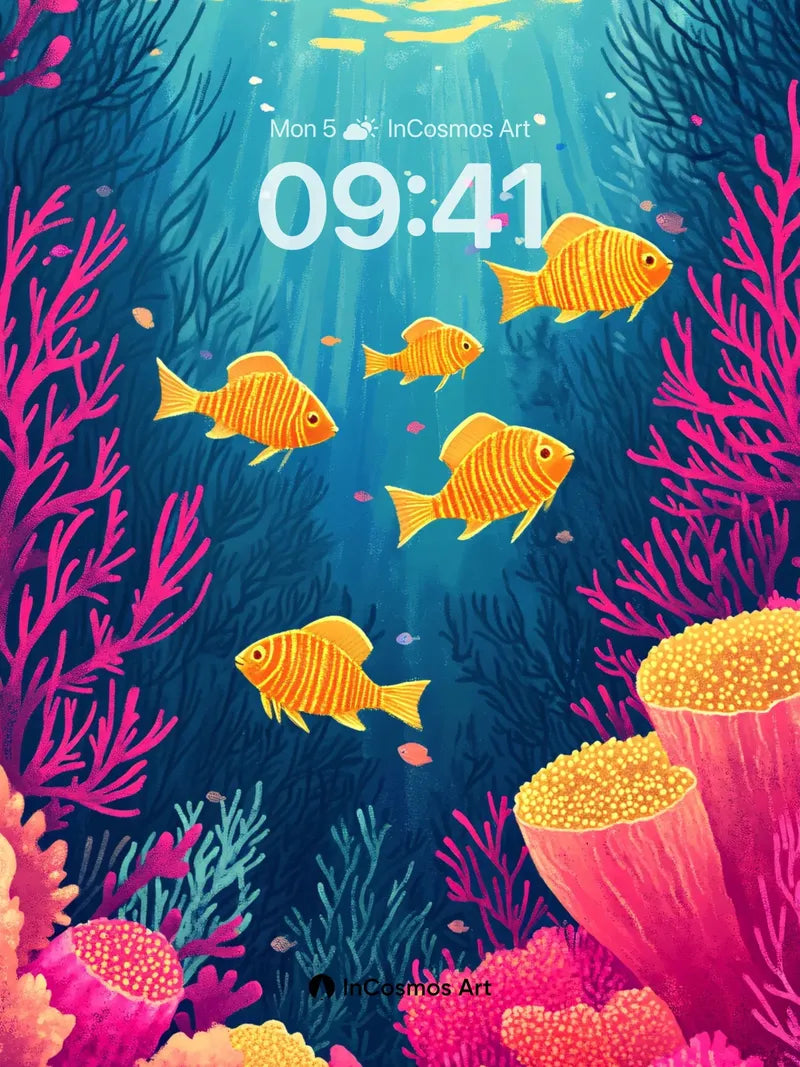 Sunlit Coral Reefs Wallpaper with Golden Fish