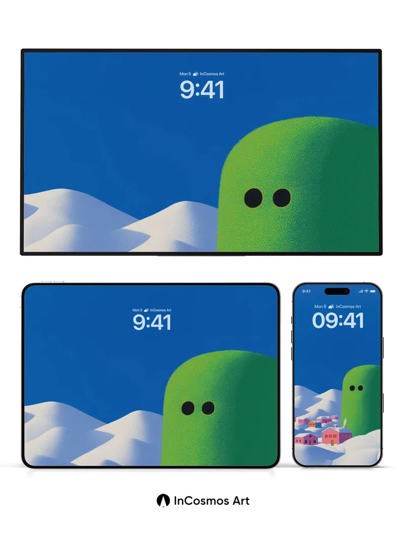 Whispering Snowscape Wallpaper with Giant Green Guest