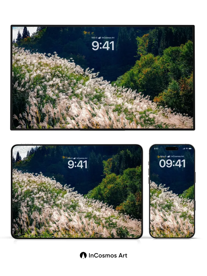 Serenity of Silver Grass Wallpaper with Mountain Hush