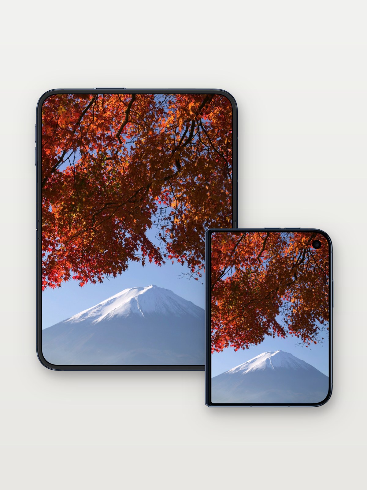 Crimson Canopy Wallpaper with Snow-Capped Majesty on iPhone Duo, open and closed