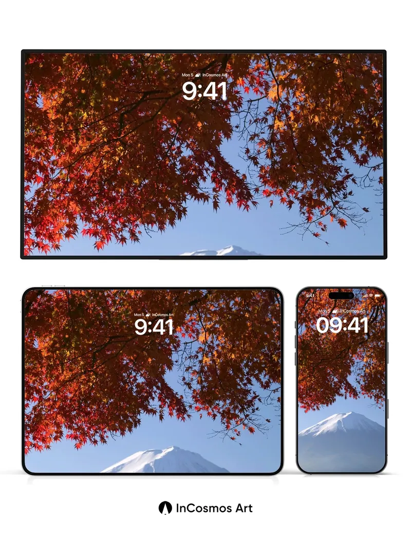 Crimson Canopy Wallpaper with Snow-Capped Majesty