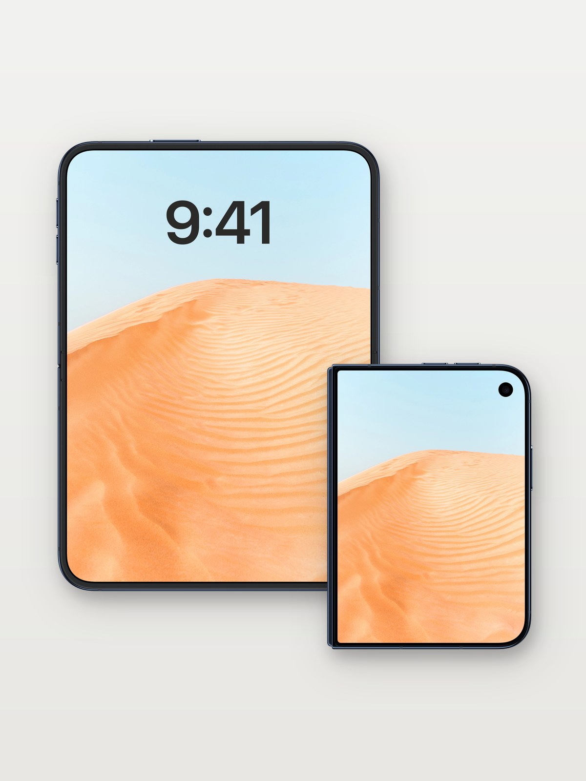 Serenity Dune Wallpaper with Sunlit Ripples on iPhone Duo, open and closed