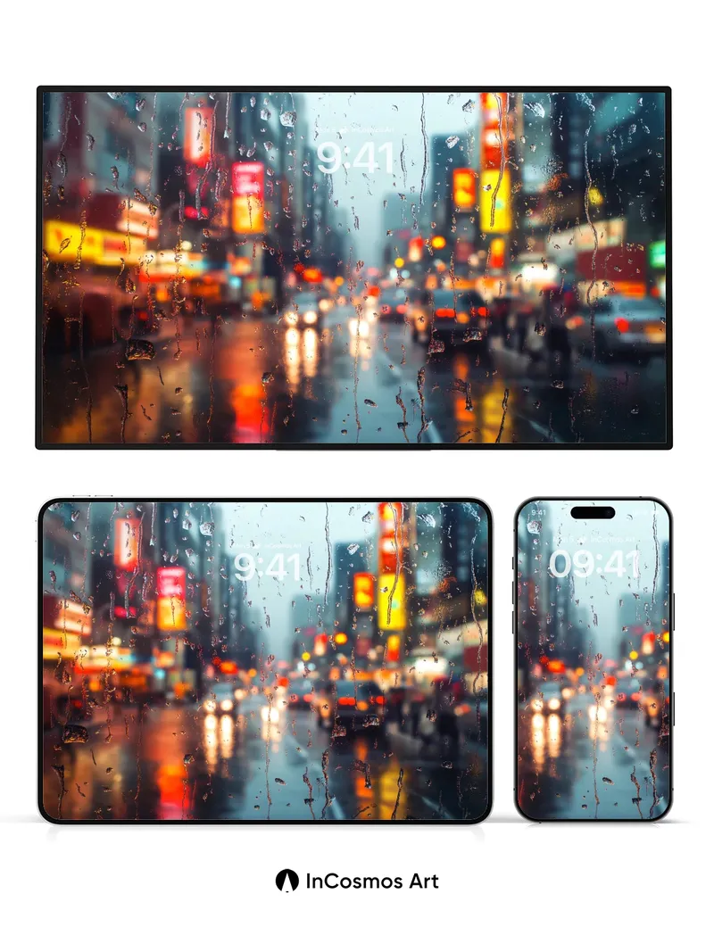 Neon Drizzle Wallpaper with Rain-Streaked Glass