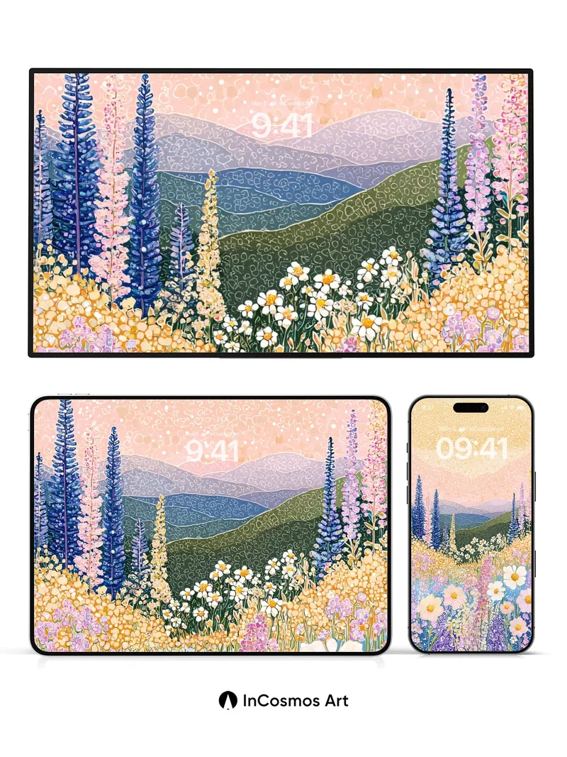 Luminous Meadow Wallpaper with Starlight Petals