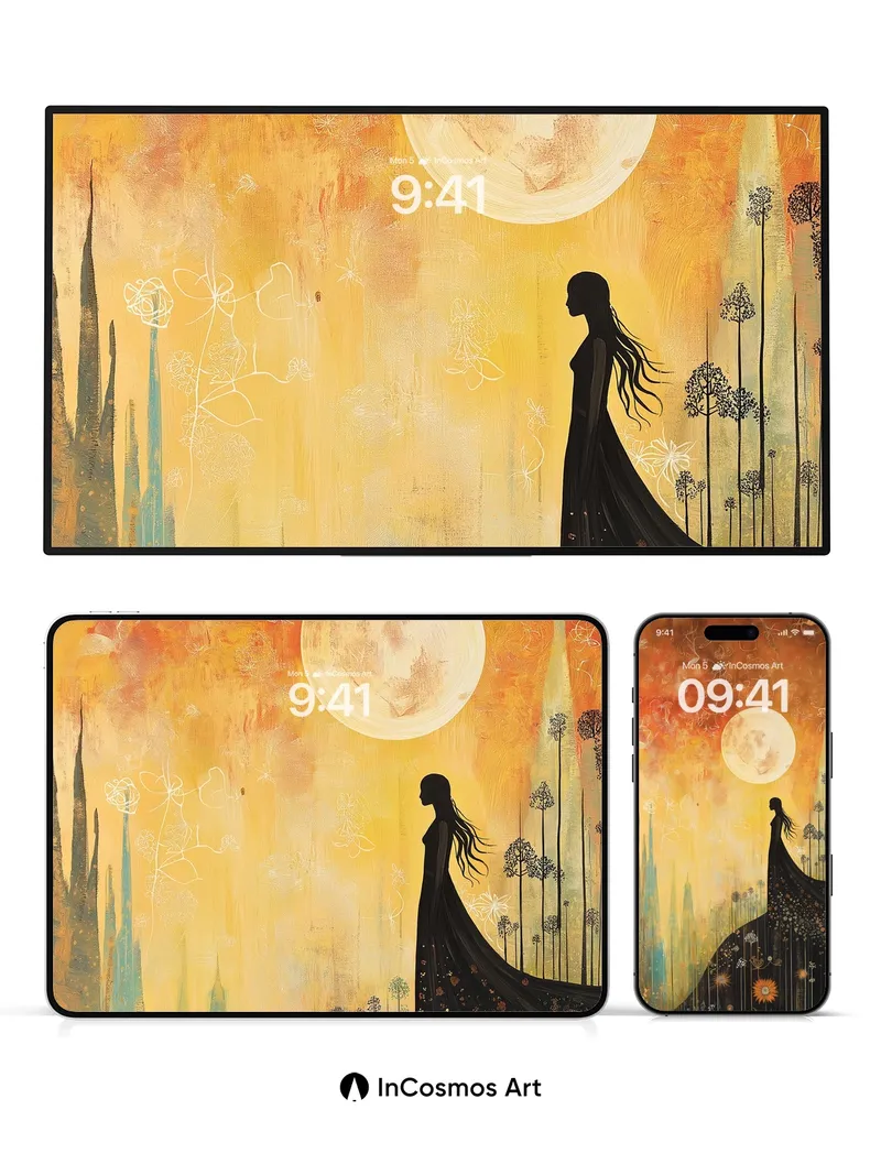 Golden Reverie Wallpaper with Moonlit Silhouette