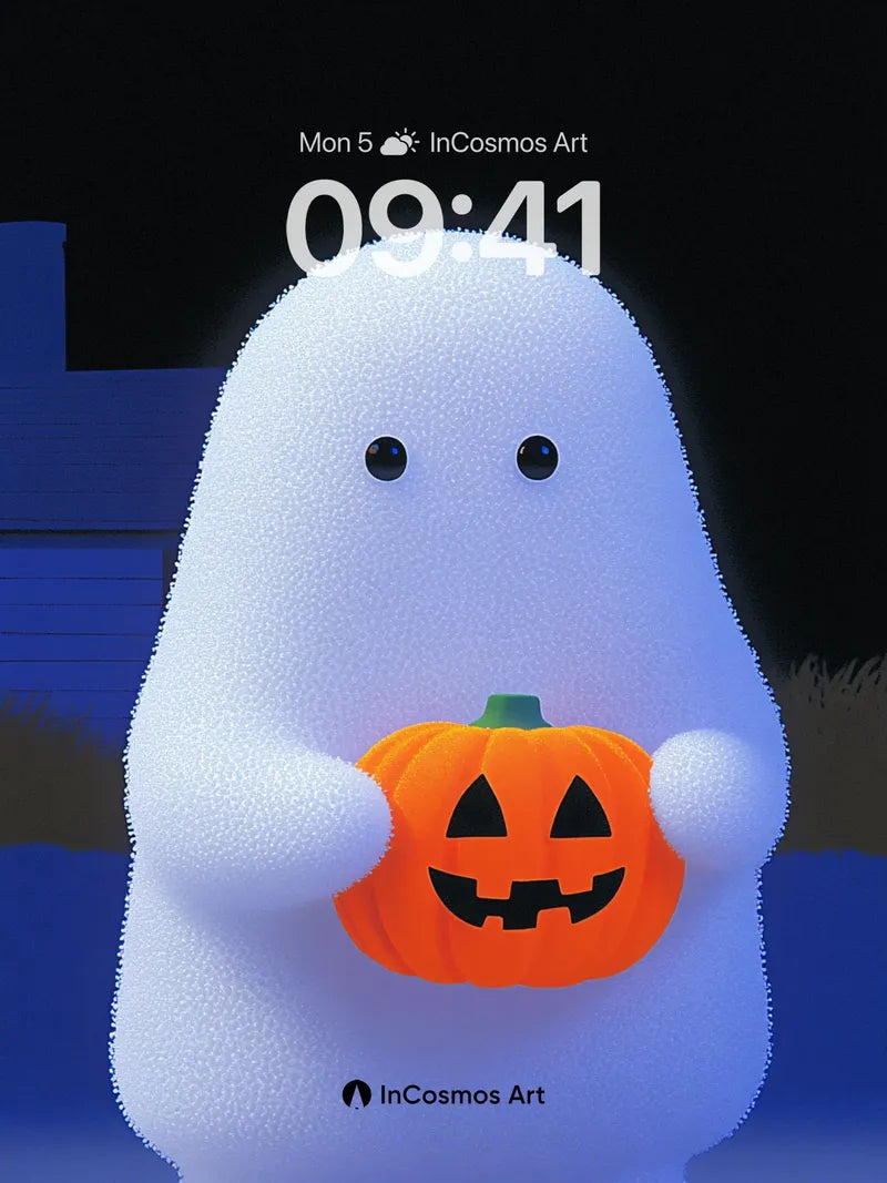 Fuzzy Ghost Wallpaper with Jack-o'-Lantern Glow wallpaper for iPhone, iPad & Mac