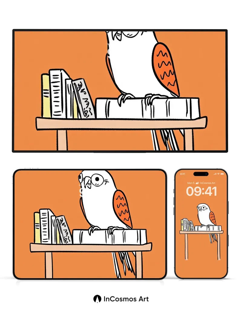 Whimsical Parrot Wallpaper with Bookshelf Charm