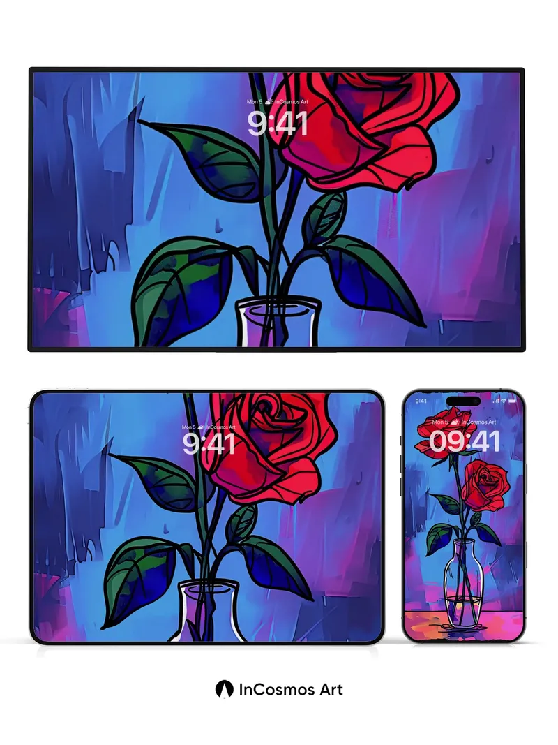 Neon Bloom Wallpaper with Glass Vessel