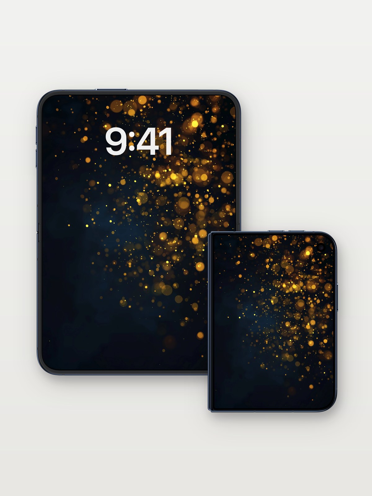 Golden Hush Wallpaper with Floating Light Dust on iPhone Duo, open and closed