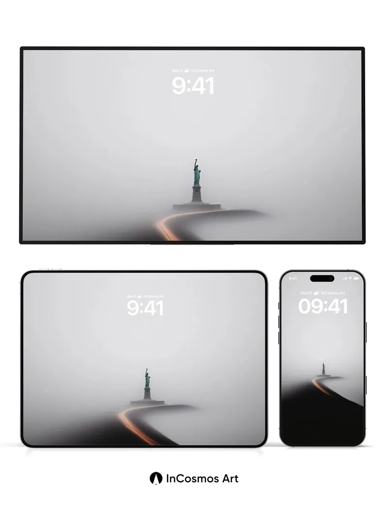 Fogbound Statue Wallpaper with Golden Path