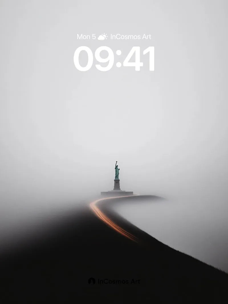 Fogbound Statue Wallpaper with Golden Path