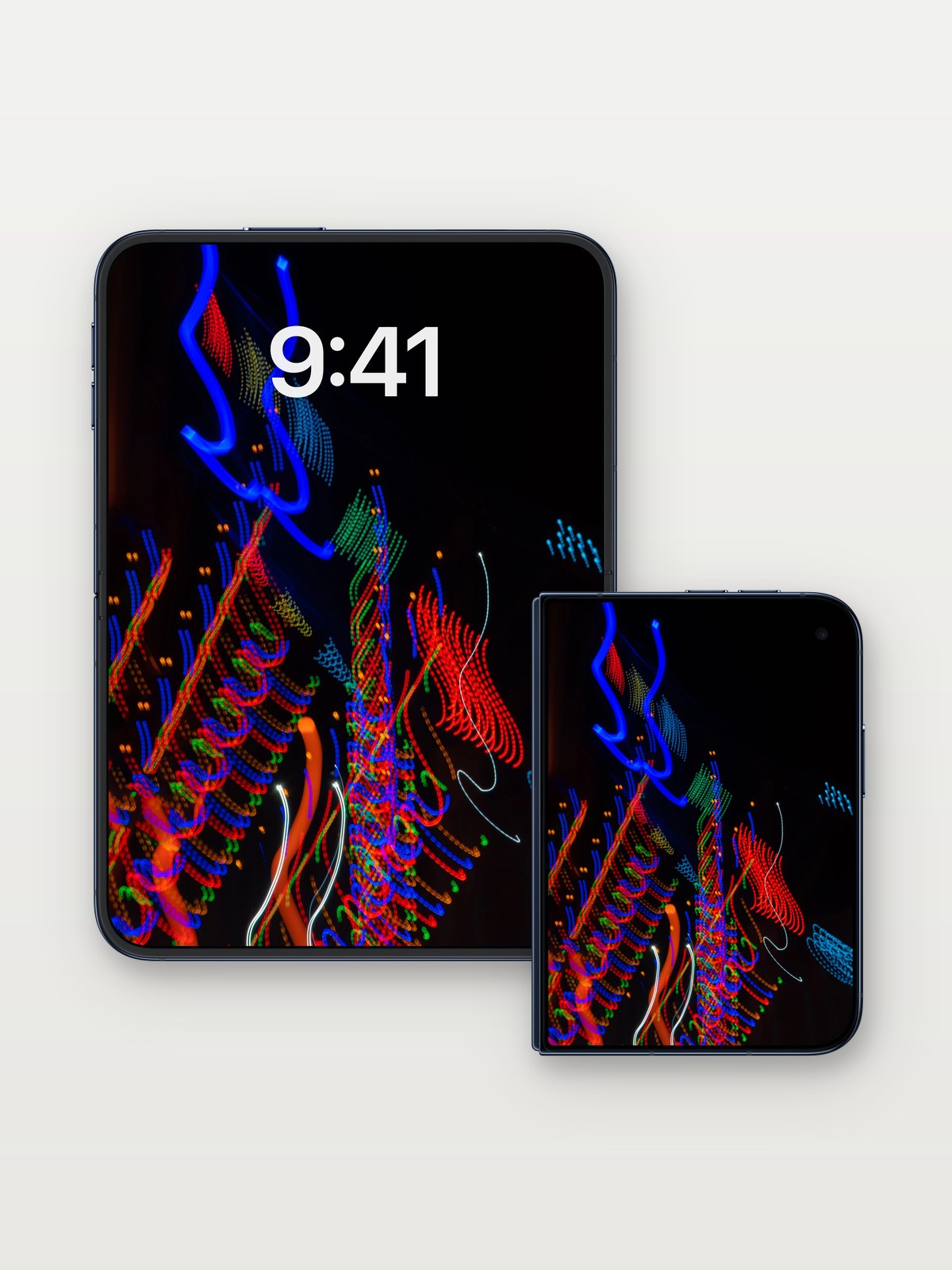 Neon Pulse Wallpaper with Electric Trails on iPhone Duo, open and closed