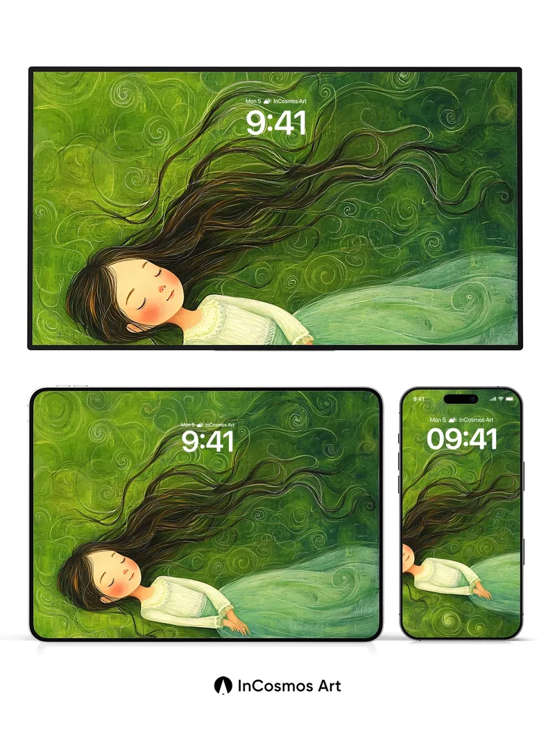 Whispering Green Wallpaper with Floating Hair