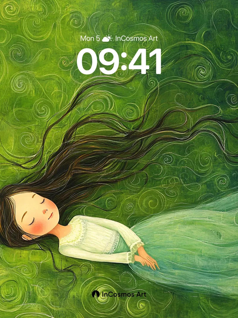 Whispering Green Wallpaper with Floating Hair wallpaper for iPhone, iPad & Mac