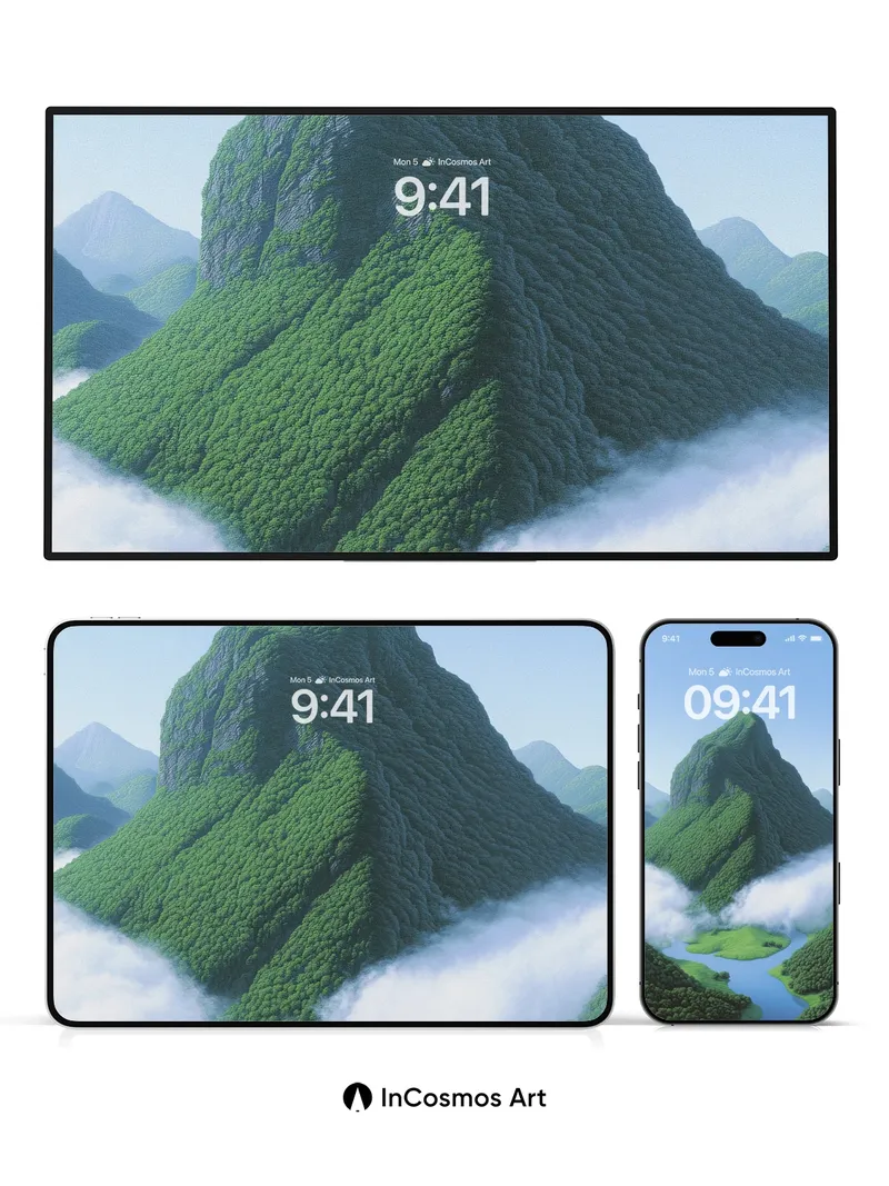 Serene Peak Wallpaper with Floating Clouds